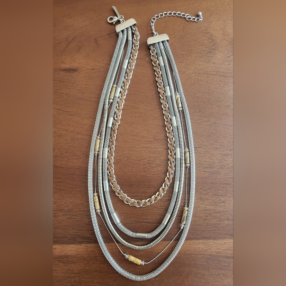 White House Black Market Five Strand Necklace Silver with suede cord & crystal - Picture 3 of 10